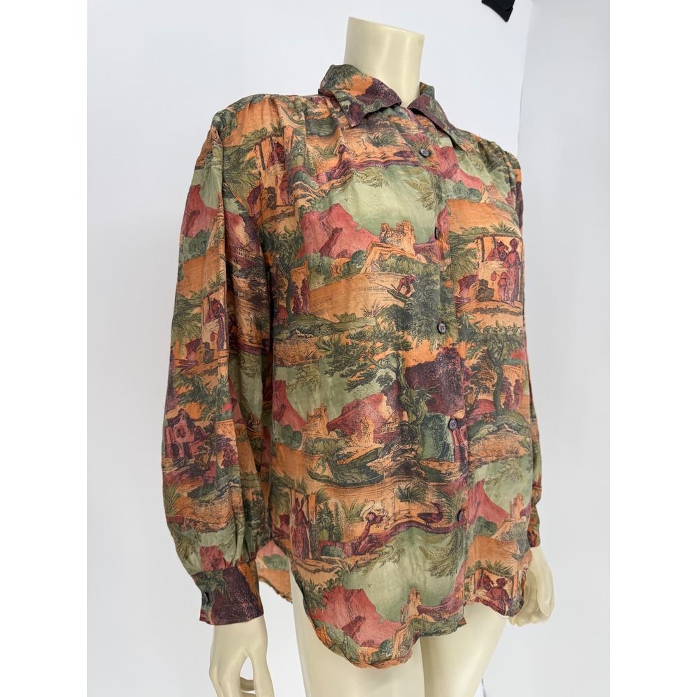 Vintage 90s Louise Paris 100% Silk Blouse Scenic Novelty Print Oversized Small